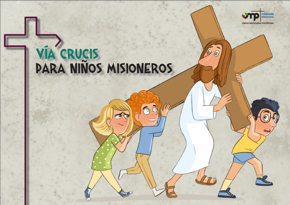 Cristo carga con la cruz ayudado por varios niños